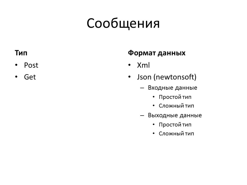 Сообщения Тип Post Get Формат данных Xml Json (newtonsoft) Входные данные Простой тип Сложный